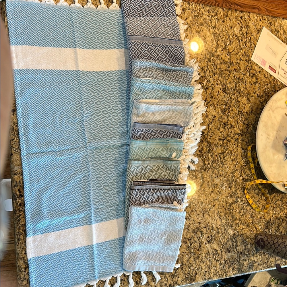NWOT 6 Various Blue and White Hand Towels w/Fringe Detailing